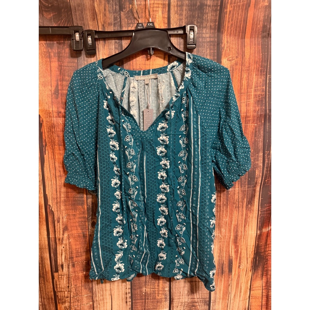Daniel Rainn Teal Floral Polka Dot Rayon Blouse Short Puff Sleeve NWT Large